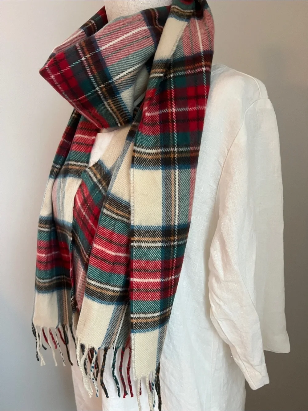 Classic Red Plaid Cream & Green Fringe Scarf Timeless Size 74” L x 12.25” W